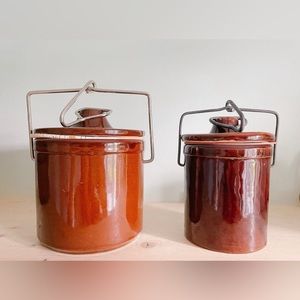 SOLD Vintage stoneware crocks with bail lids